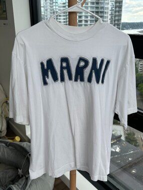 Marni SS2022 Large Felt Applique MARNI Logo Tee White Navy IT 48